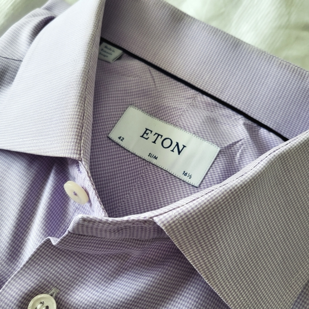 Eton Slim Fit 42x16.5 Purple Houndstooth Signature Twill Dress Shirt